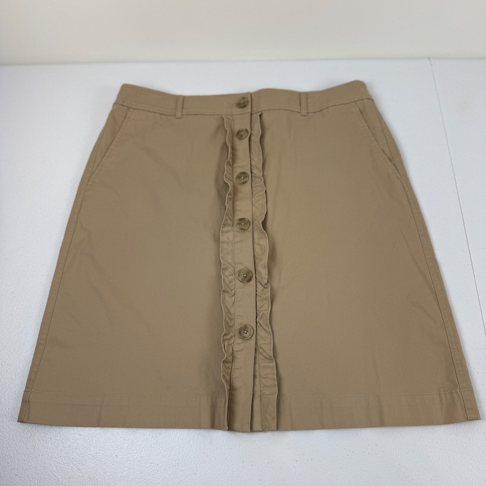 Talbots Khaki Ruffle Button Front A-Line Skirt Tan Cotton Blend Size 12